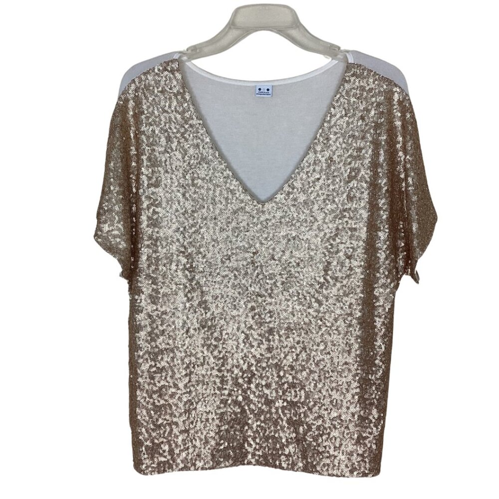 NWT Three Dots Shirt Women’s M Medium Gold Sequins Short Sleeve V Neck Knit Top